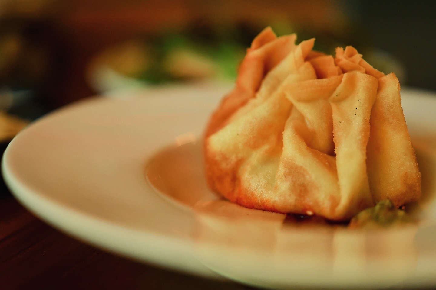 A golden folded pastry standing on a white plate with sauce and a small garnish, photographed with a softly blurred background