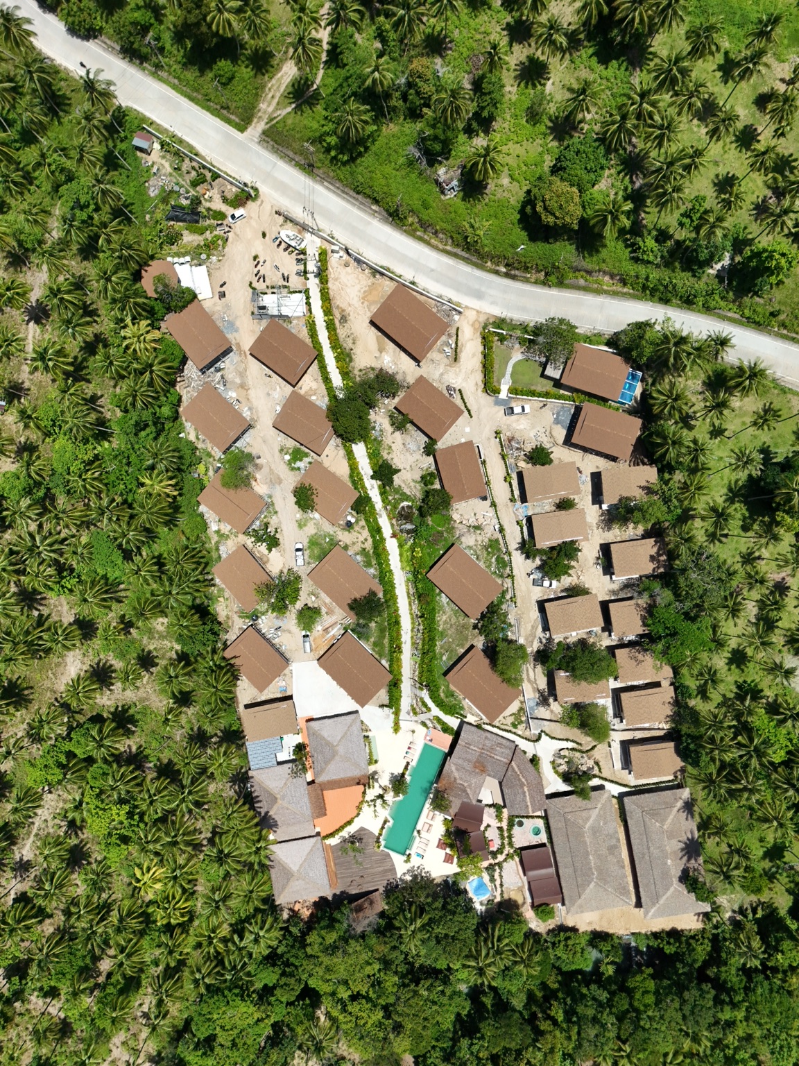 An overhead view of a tropical resort with clustered villa roofs, a curved swimming pool and a road bordered by palms