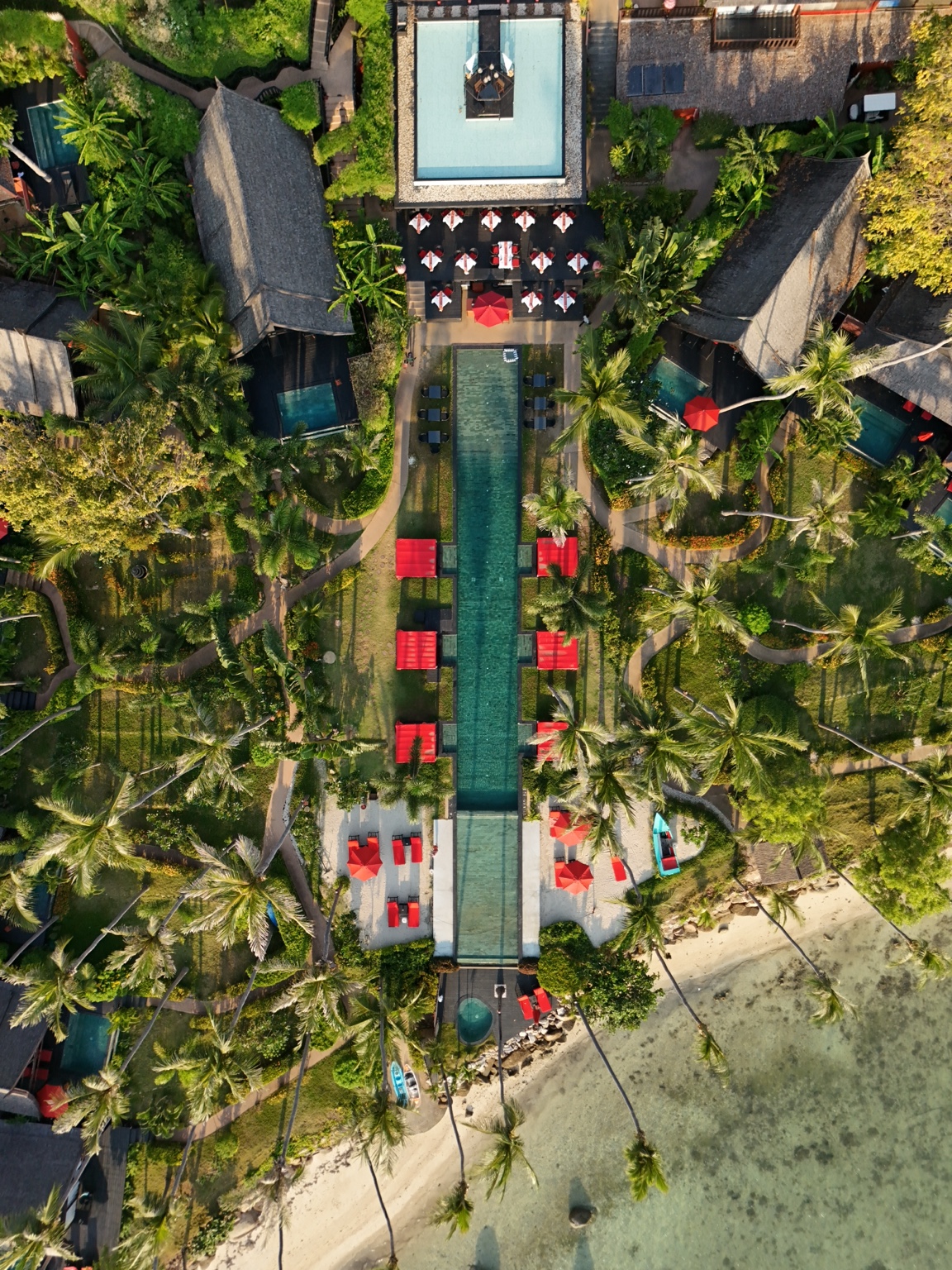 A long narrow swimming pool with bright red loungers, tropical roofs and coconut palms beside a beach, seen from directly above