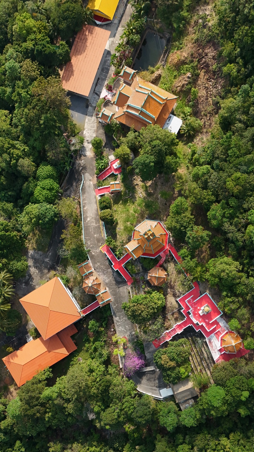 Orange-roofed temple buildings and red gateways nestled among dense green trees, seen from above