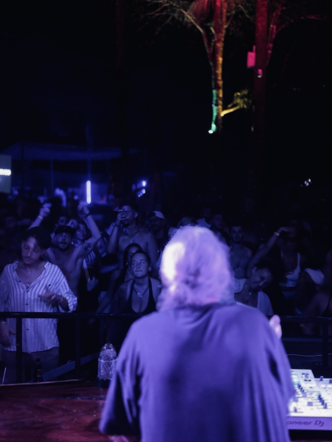 A DJ faces a crowd with raised arms under deep blue and purple night lighting